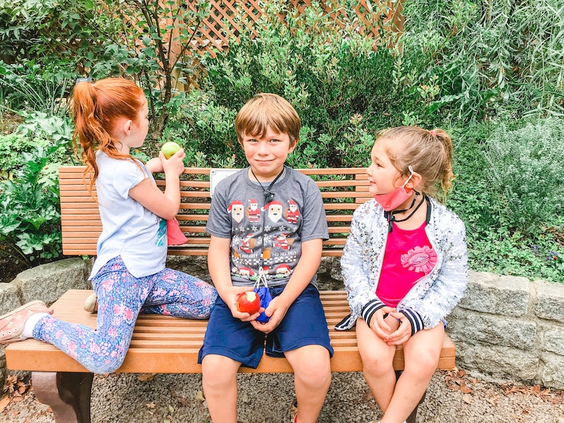 Three kids sitting on a bench and having a snack.