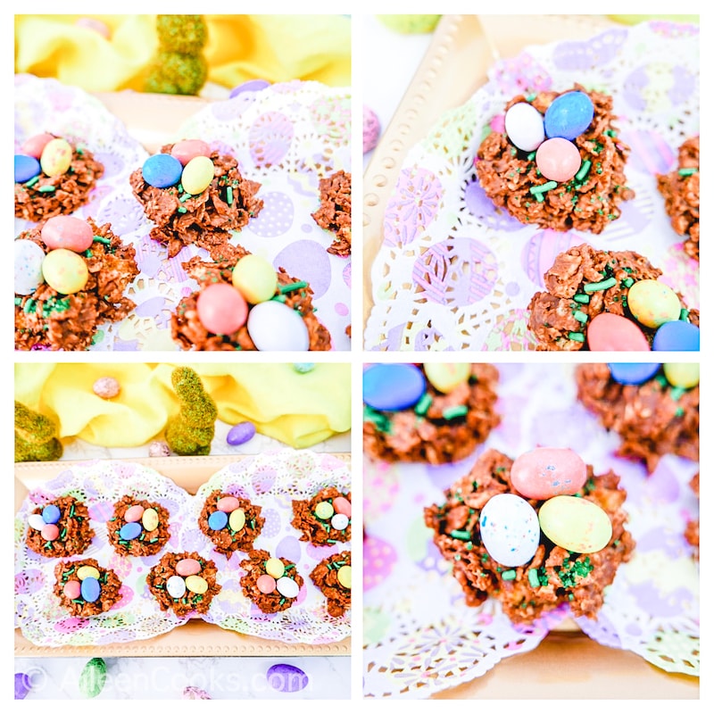 Collage photo of four pictures of bird nest cookies.