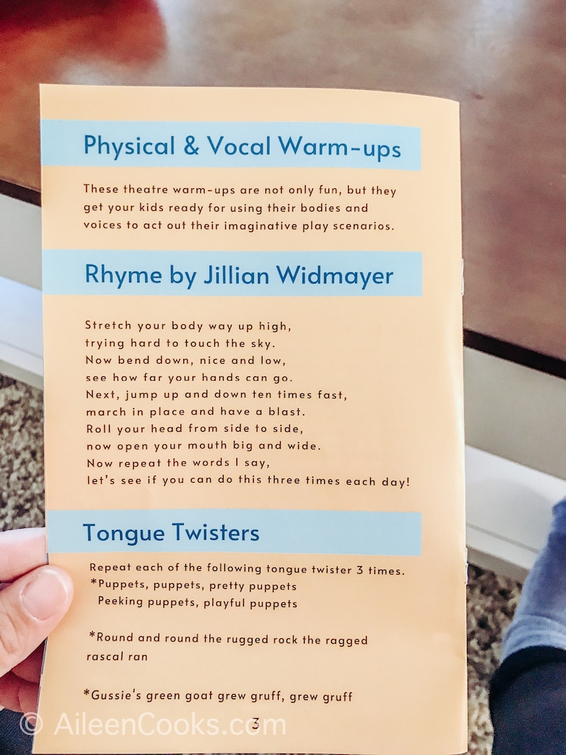 A peek inside the Places, Please! parent card with tongue twister and warm-up ideas.