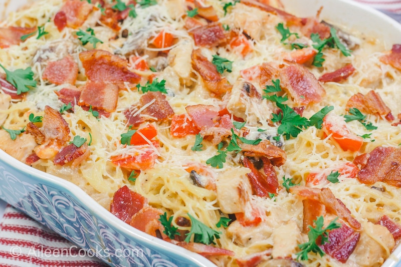 Close up of chicken and bacon casserole