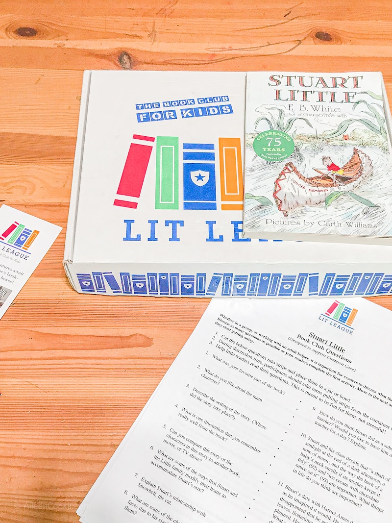 A white box with the words "Lit League" next to the book Stuart Little.