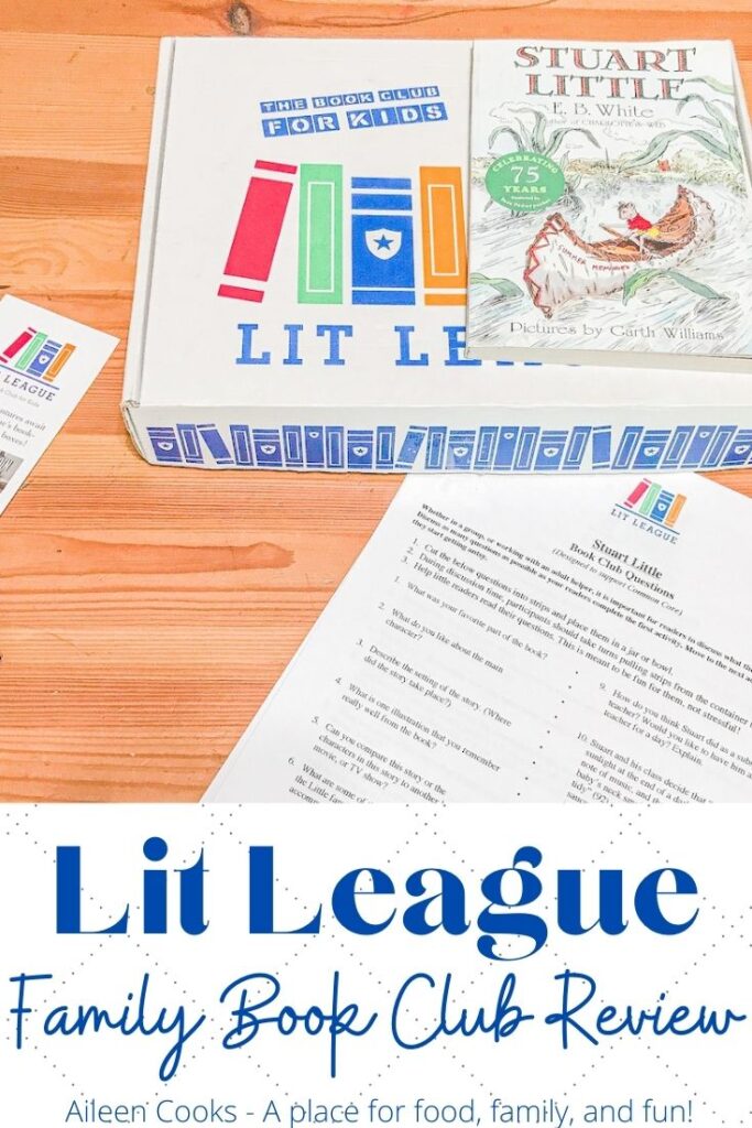 The Lit League Subscription box on a wooden coffee table with the words "Lit League Family Book Club Review" in blue lettering below the picture.
