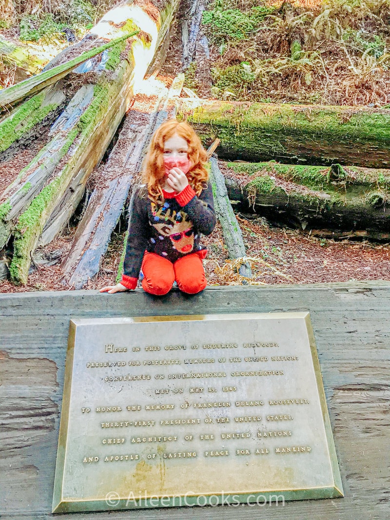 A girl perched on top of a plaque about the history of Muir Woods and National Parks.