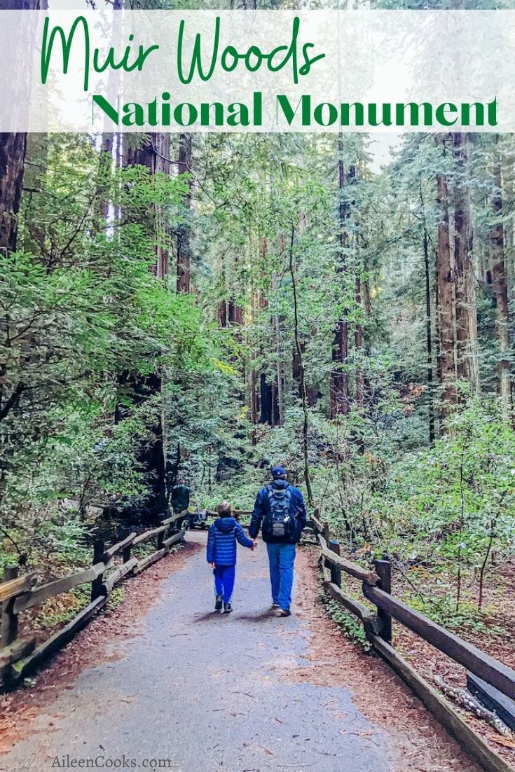 A man and son walking on a trail with the words "Muir Woods national monument" in green lettering at the top of the photo.