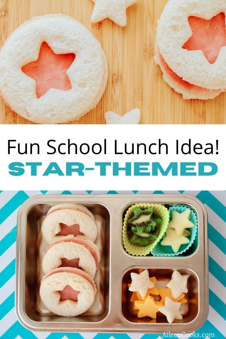 Collage photo with a close-up picture of star shaped sandwiches and a picture of the bento box lunch.