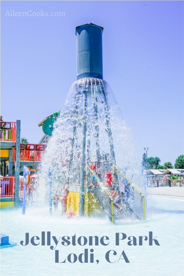 The giant water feature dumping water at Tower Park resort in Lodi, CA.