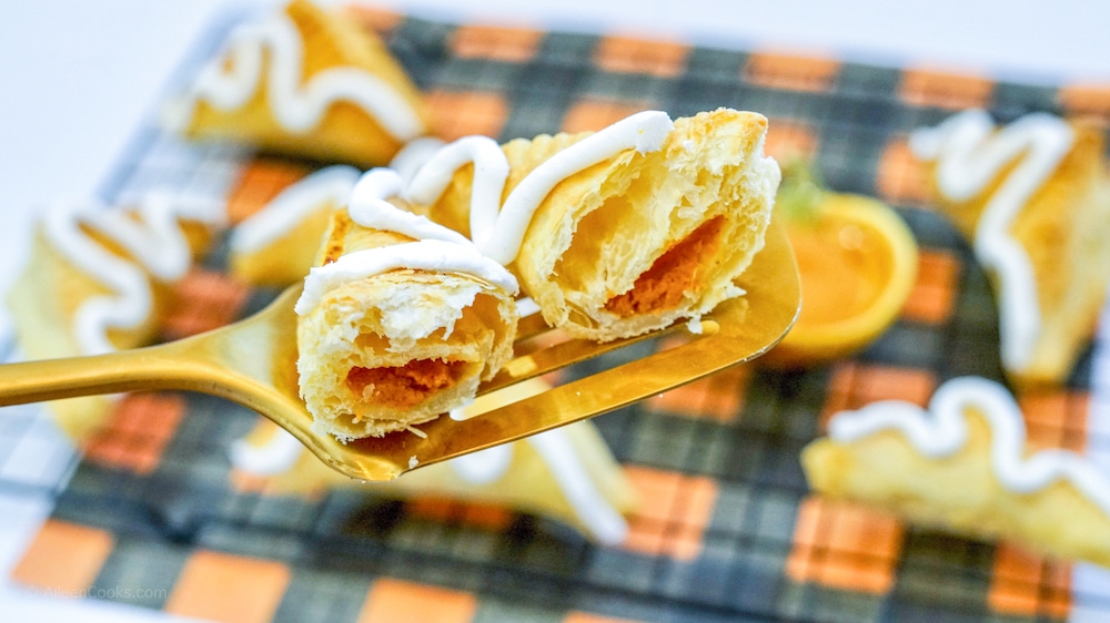 Close up of the inside of an air fried pumpkin turnover.