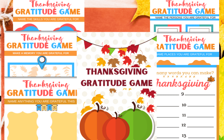 Collage photo of all printable included in Thanksgiving Gratitude Game