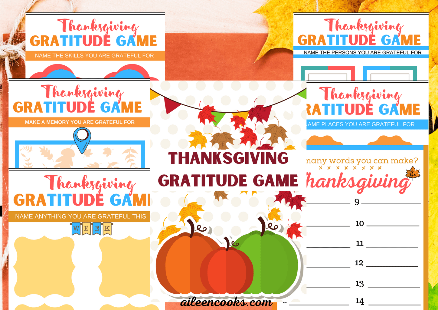 Collage photo of all printable included in Thanksgiving Gratitude Game