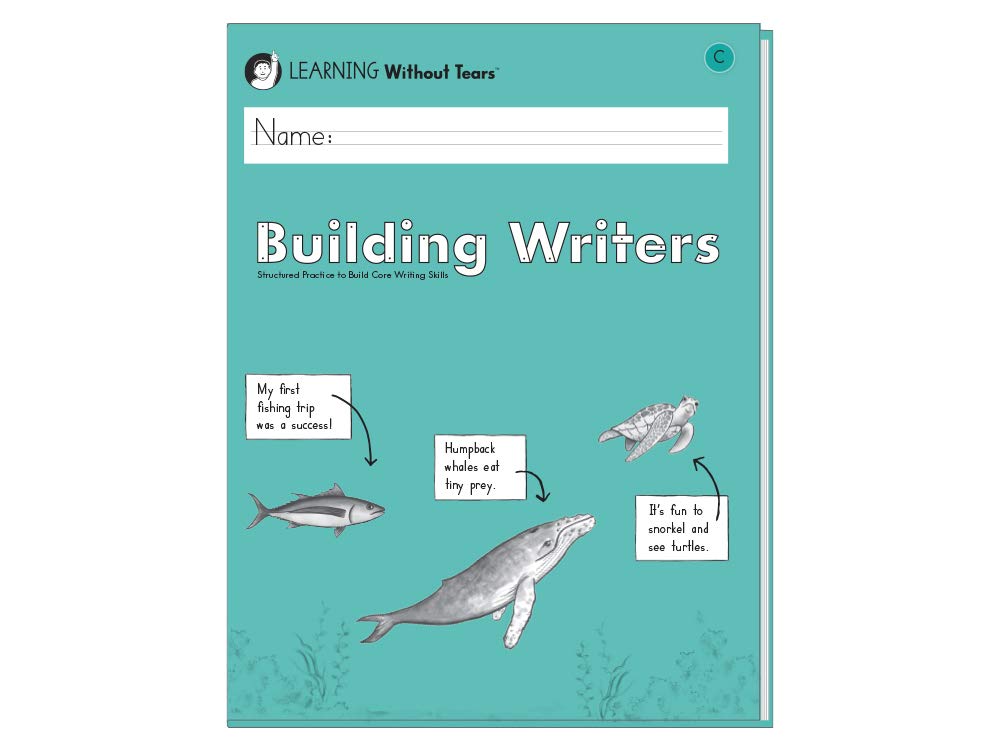 A teal workbook with the words "building writers" on the cover.