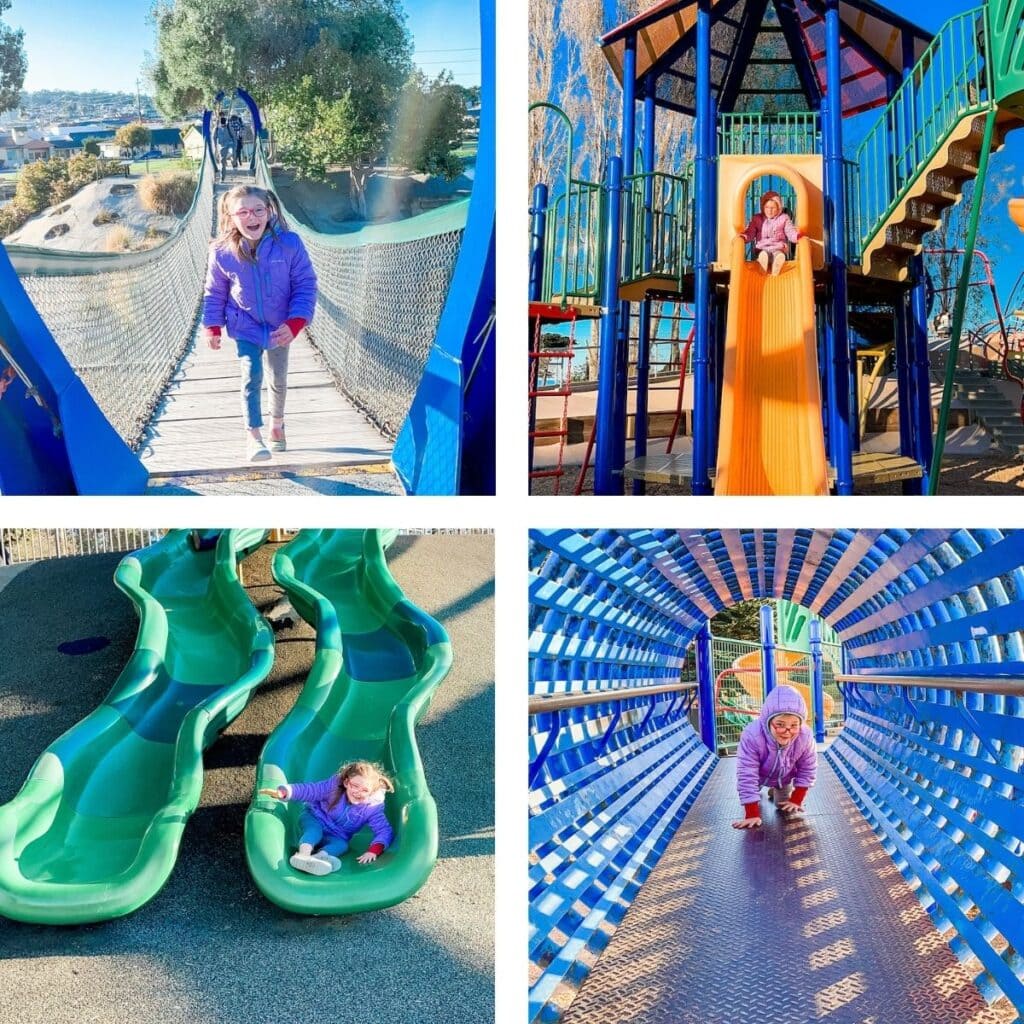 Collage photo of a little girl on different slides and bridges at Dennis the Menace park in Monterey, CA.