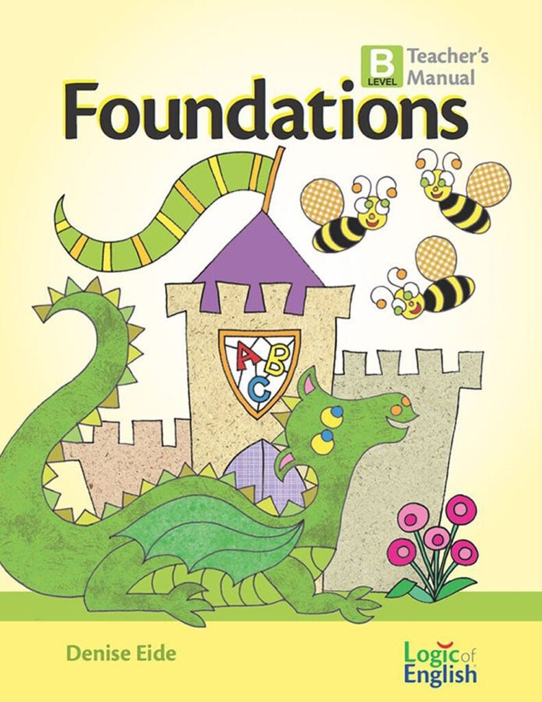 A yellow workbook with a castle, dragon, and bumble bees on the cover with the words "Foundations B".