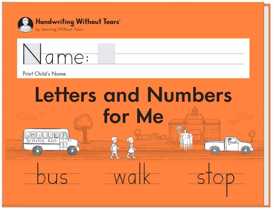 Orange workbook cover and the words "letters and numbers for me".