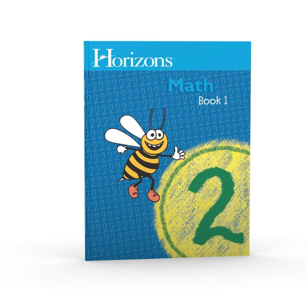 A workbook with a blue cover and a cartoon bee with the words "Horizons Math Book 1" and a large "2" in the bottom right corner.