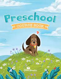 Blue and green workbook cover with a dog on a hill and the words "Preschool Course Book".