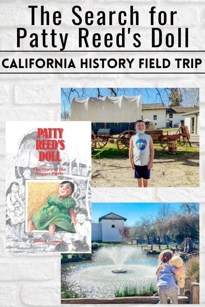 A collage photo of two pictures at Sutter's Fort and the book cover for Patty Reed's Doll.