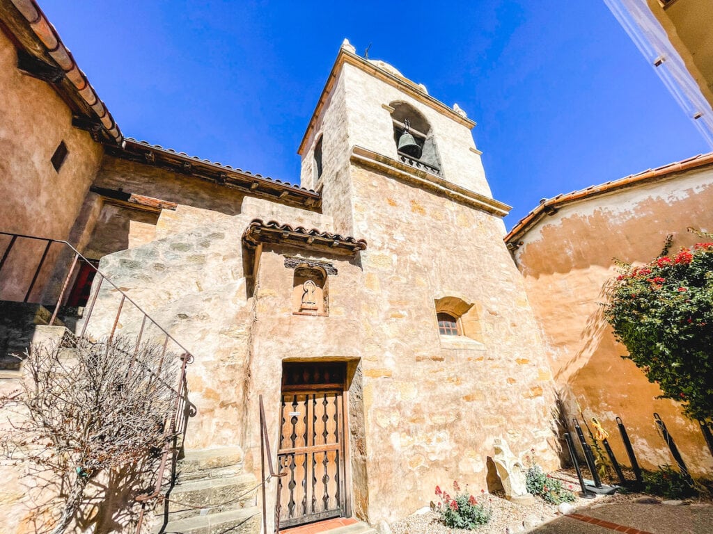 A picture of the Carmel Mission Bell Tower.