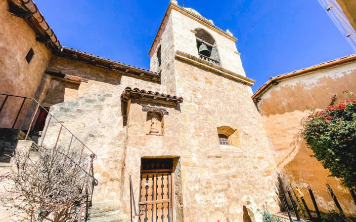A picture of the Carmel Mission Bell Tower.