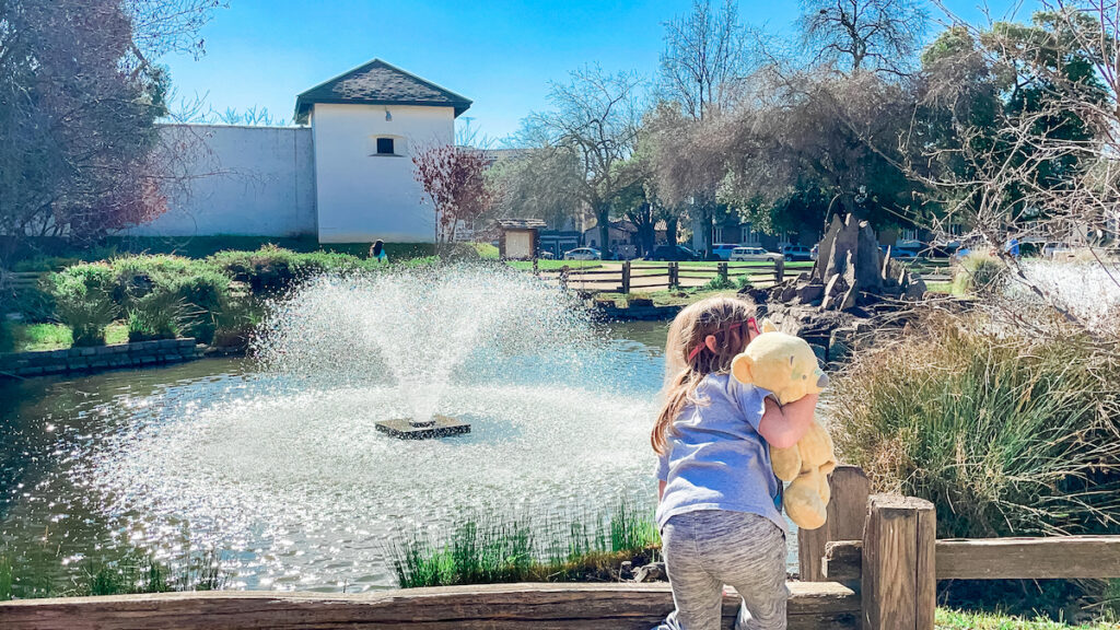 A girl holding her teddy bear and looking at a fountain.