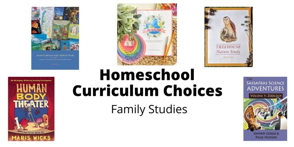 Collage photo of four different curriculums with the words "homeschool curriculum choices".