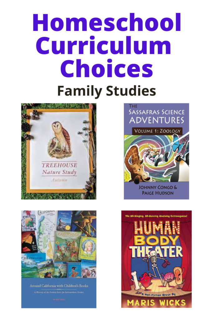 Collage photo of four different curriculums with the words "homeschool curriculum choices".