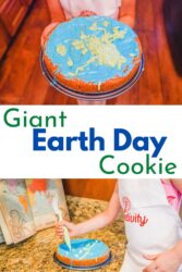A collage photo of a cookie cake being decorated and the words "giant earth day cookie" in the center.