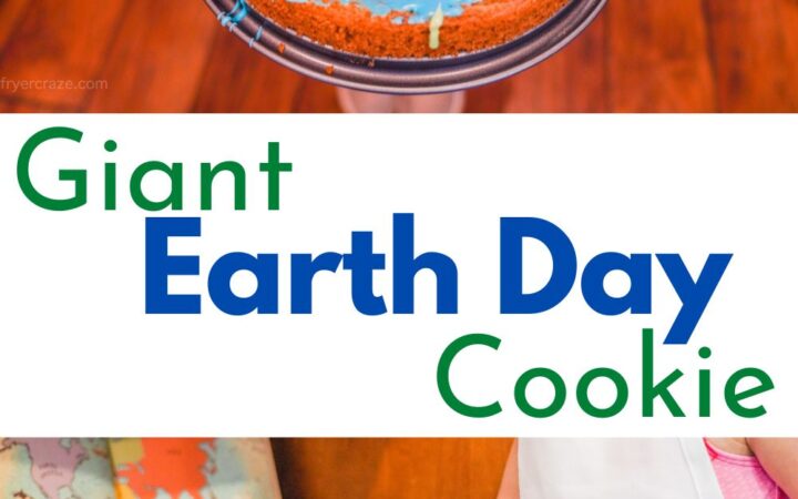 A collage photo of a cookie cake being decorated and the words "giant earth day cookie" in the center.