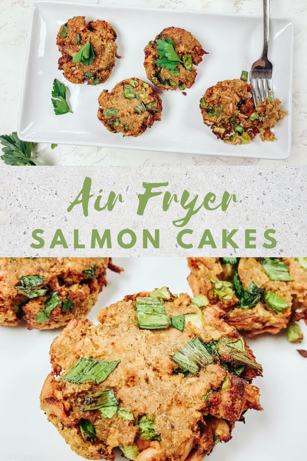 A salmon cake with a fork, on a white plate and marble background.