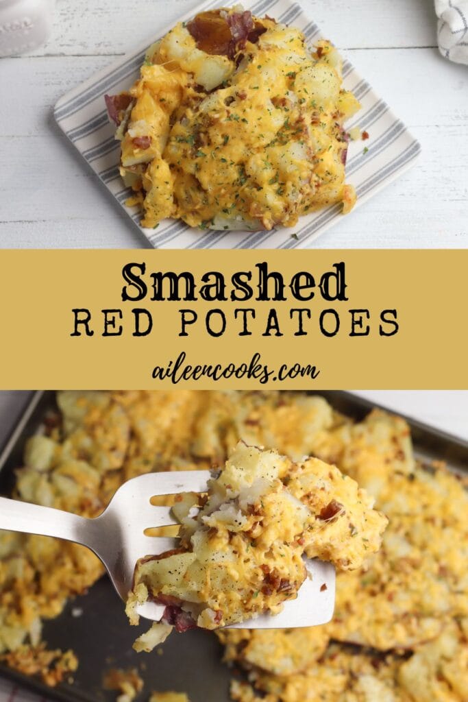 With six simple ingredients (that you likely already have at home), you can whip-up these amazingly delicious Smashed Red Potatoes! Perfect as a side dish, this potato recipe is topped with a hefty amount of cheese and bacon