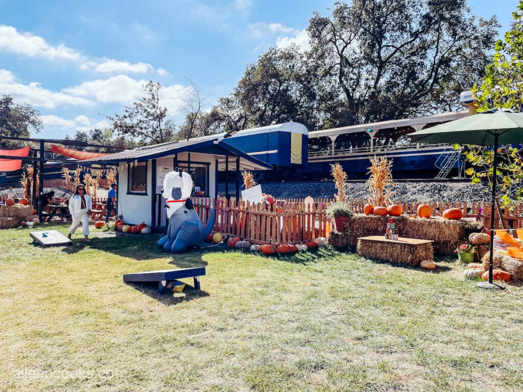 A fall festival in front of a train.