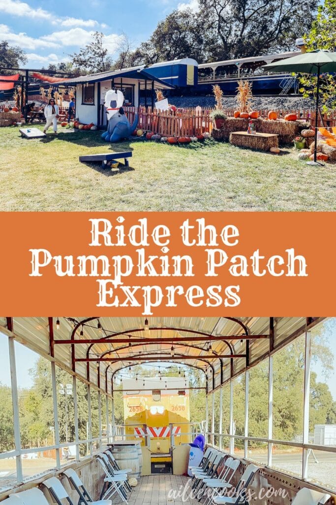 Collage photo of a fall festival and the inside of a train car with the words "ride the pumpkin patch express" in the center.