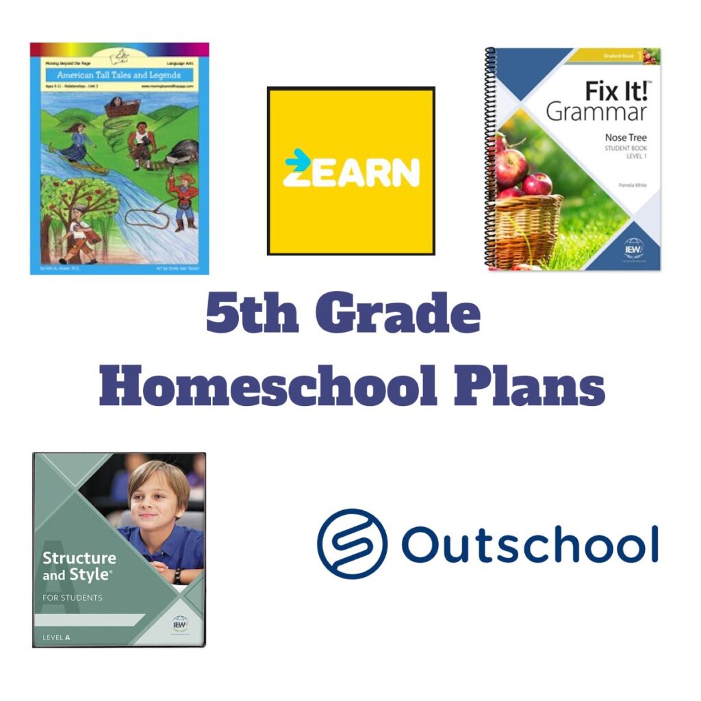 Square collage photo of 4 5th grade workbooks and the outschool logo.