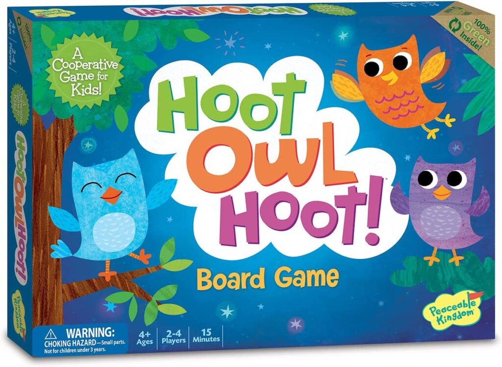 The cover of a board game and the words "hoot hoot owl" with three colorful owls on the cover.