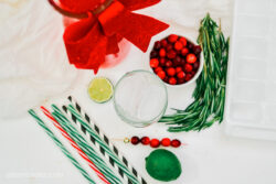 Filling a cocktail glass with ice, and surrounded by ingredients to make a Christmas Moscow Mule.
