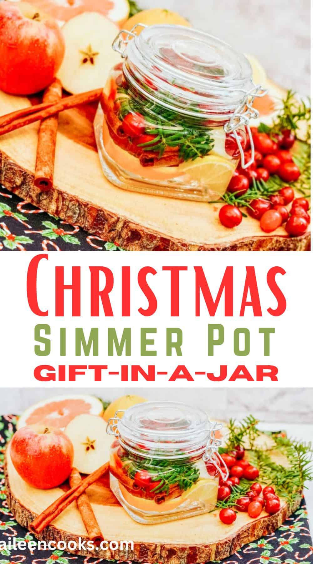Two pictures of stovetop potpouri ingredients in a jar for gifts.
