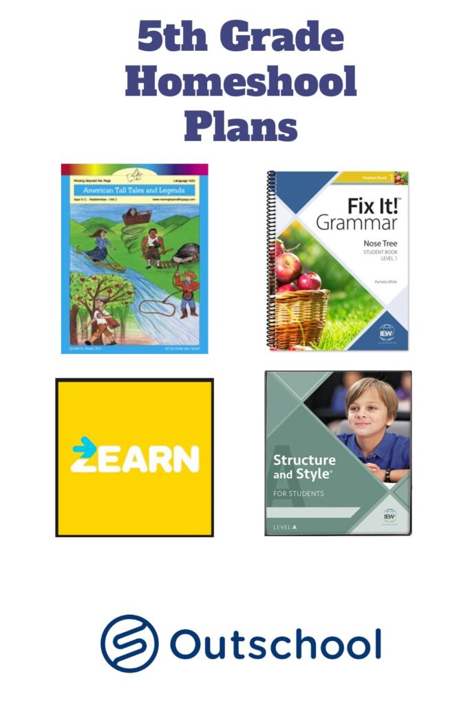 Collage photo showing several workbooks for 5th graders.