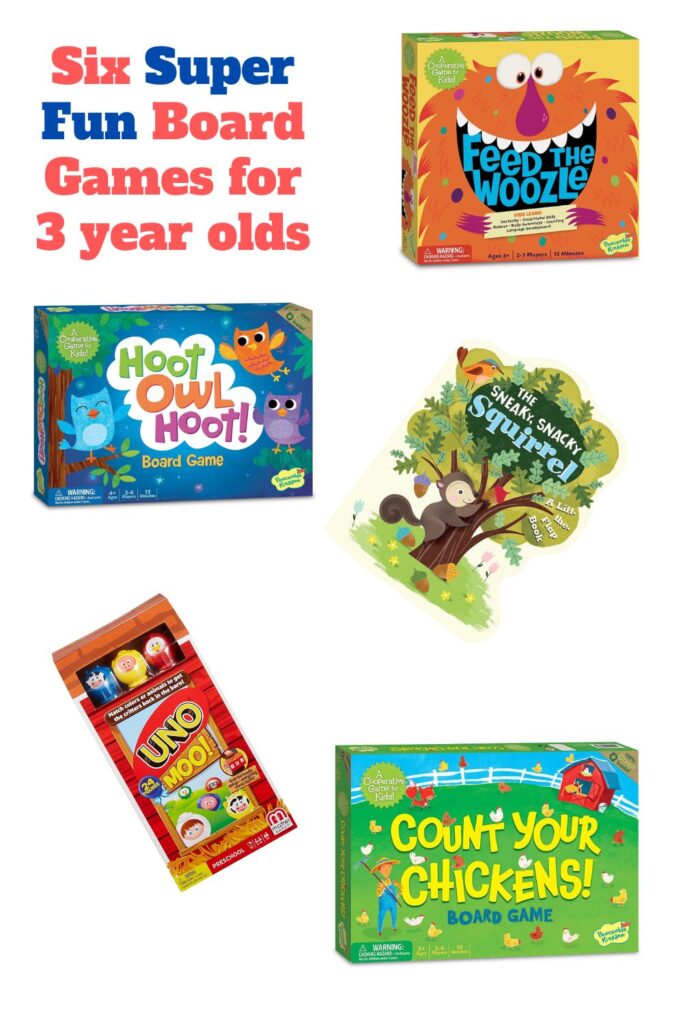 A collage photo showing 6 different board games made for 3 year olds.