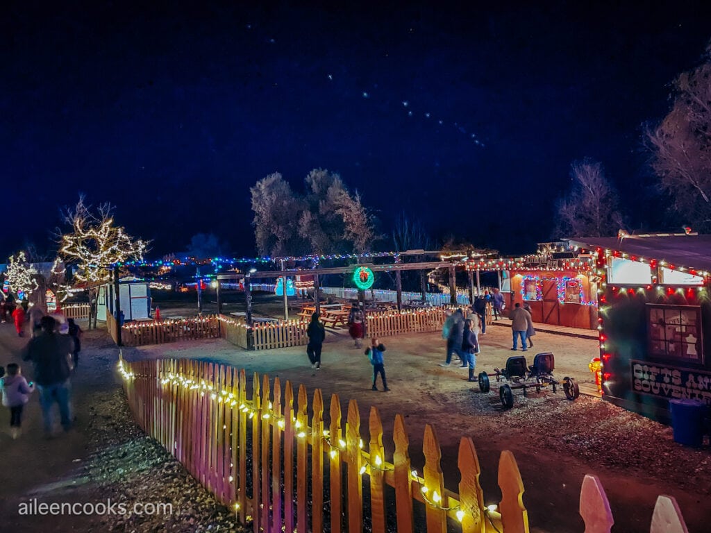 An outdoor display of Christmas lights at the River Fox Train Station.