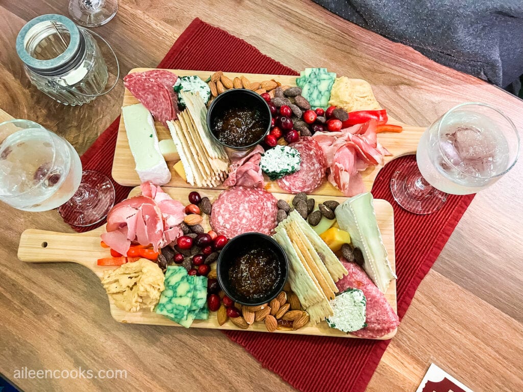 Two charcuterie boards lined up next to each other.