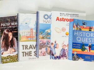 A flat lay of several homeschool curriculum including history quest and R.E.A.L. Science Odyssey.