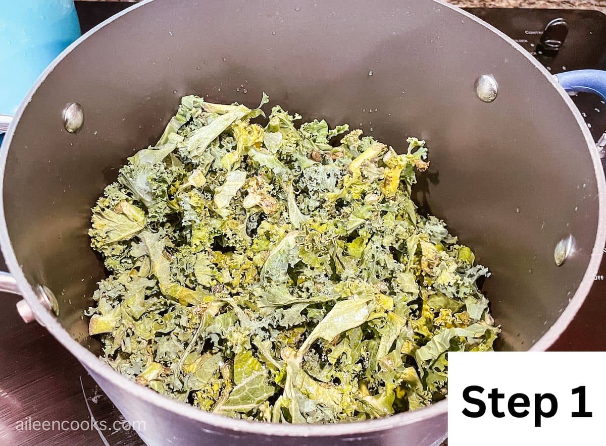 Fresh chopped kale inside a large stock pot.