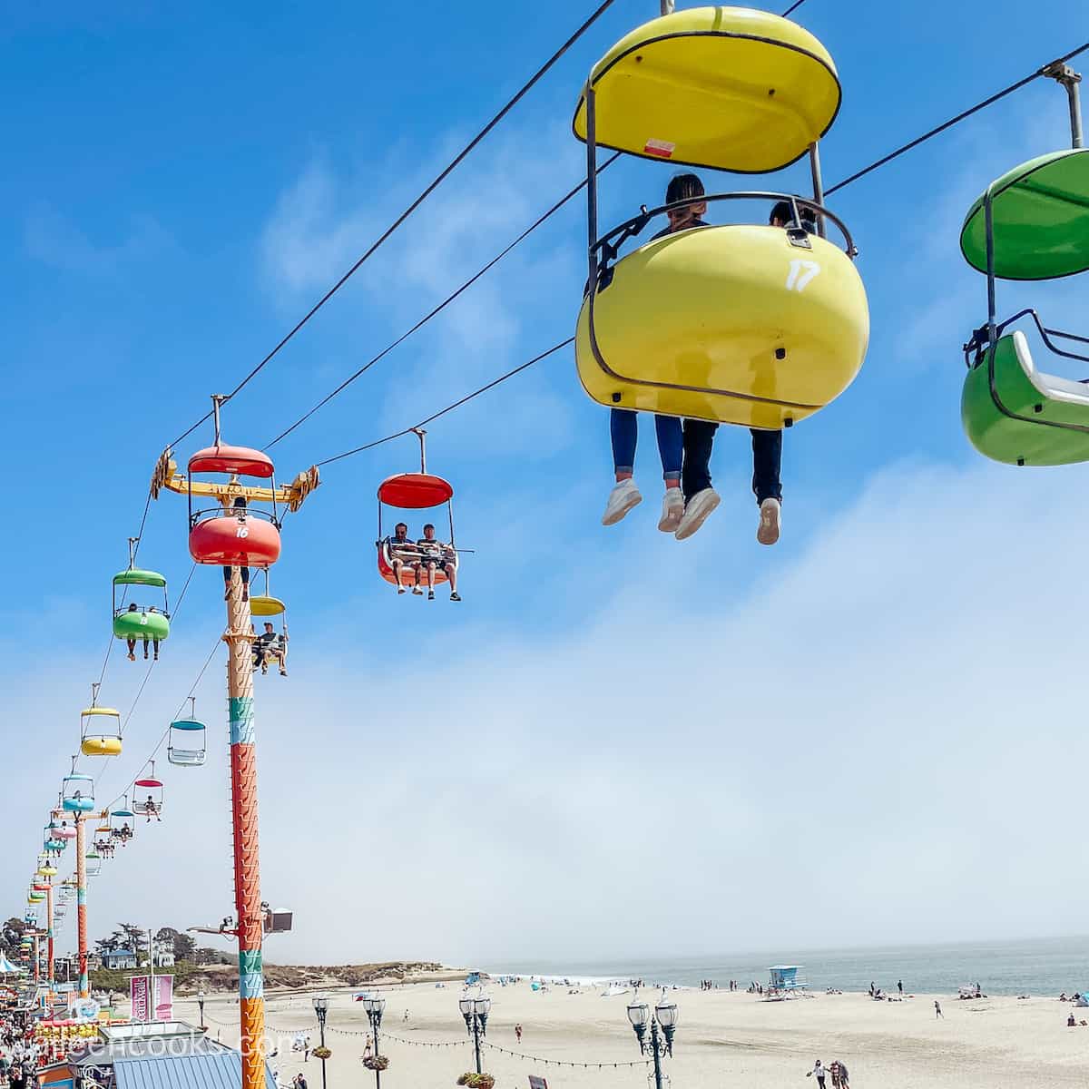 The sky flyer ride at the beach boardwalk, over the beach.